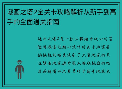 谜画之塔2全关卡攻略解析从新手到高手的全面通关指南